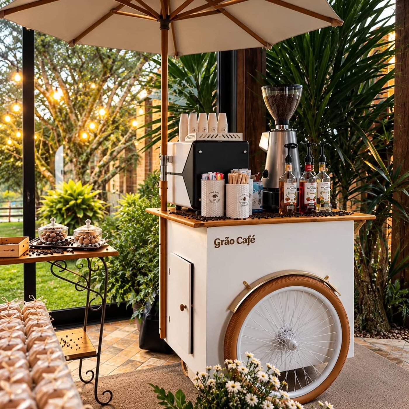 Carrinho gourmet de café em jardim
